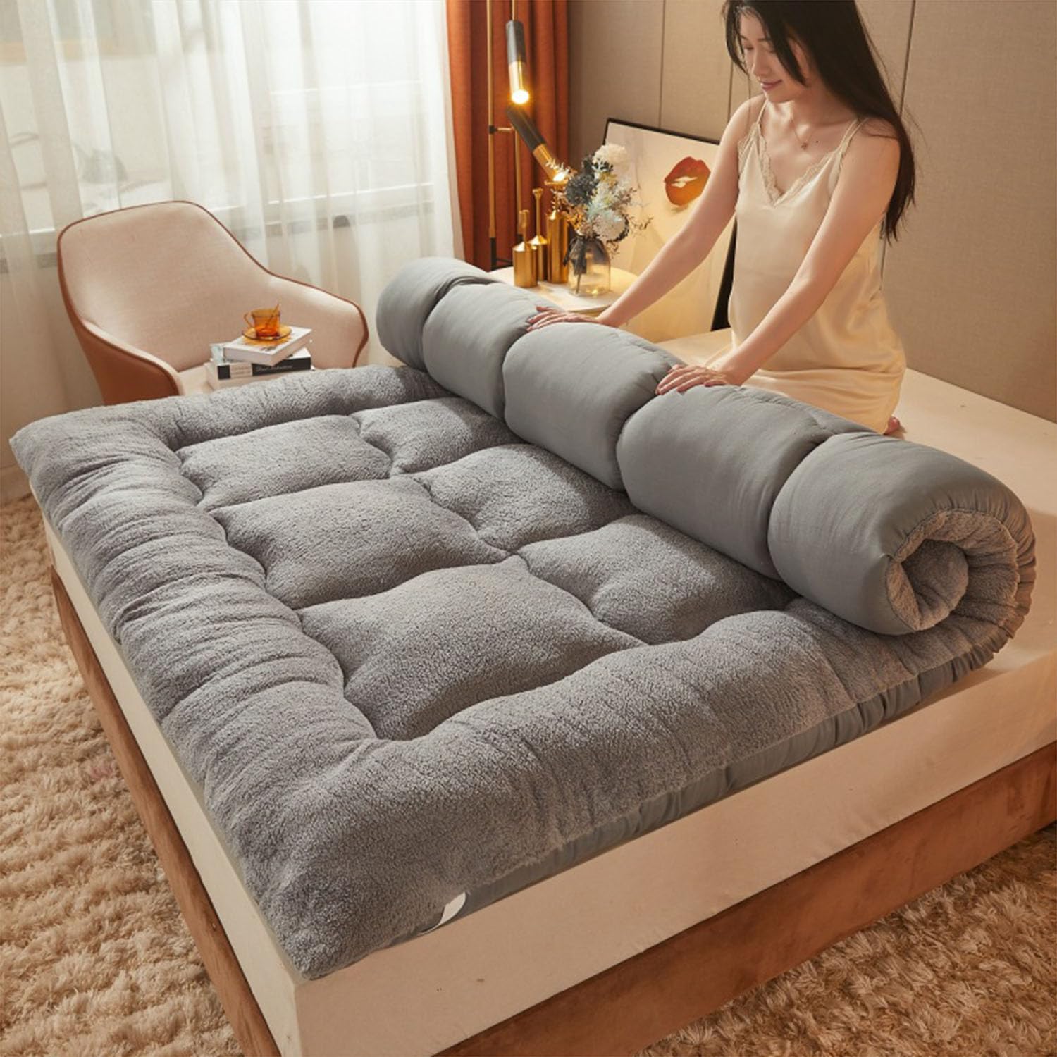 Mattresses Thicken Floor Mattress Soft Folding Portable Mattress Double Single Japanese Futons, Japanese Tatami Roll Mat Foldable Queen Mattress,Gray,King