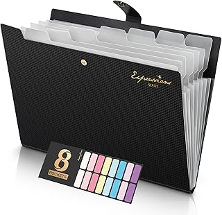 Sooez Accordion File Organizer, 8 Pocket Expanding File Folder with Labels, Letter Size Folders for Documents, Portable Paper Bill Receipt Organizer for Home School Office Supplies, Black