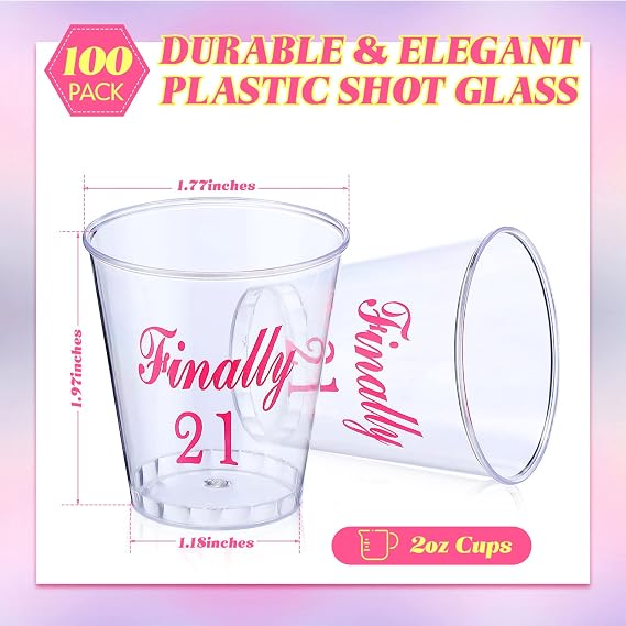Nuogo 100 Pcs 21st Birthday Shot Glasses for Her, 2 oz, Pink