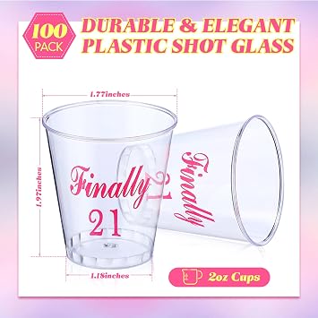 Nuogo 100 Pcs 21st Birthday Shot Glasses for Her, 2 oz, Pink