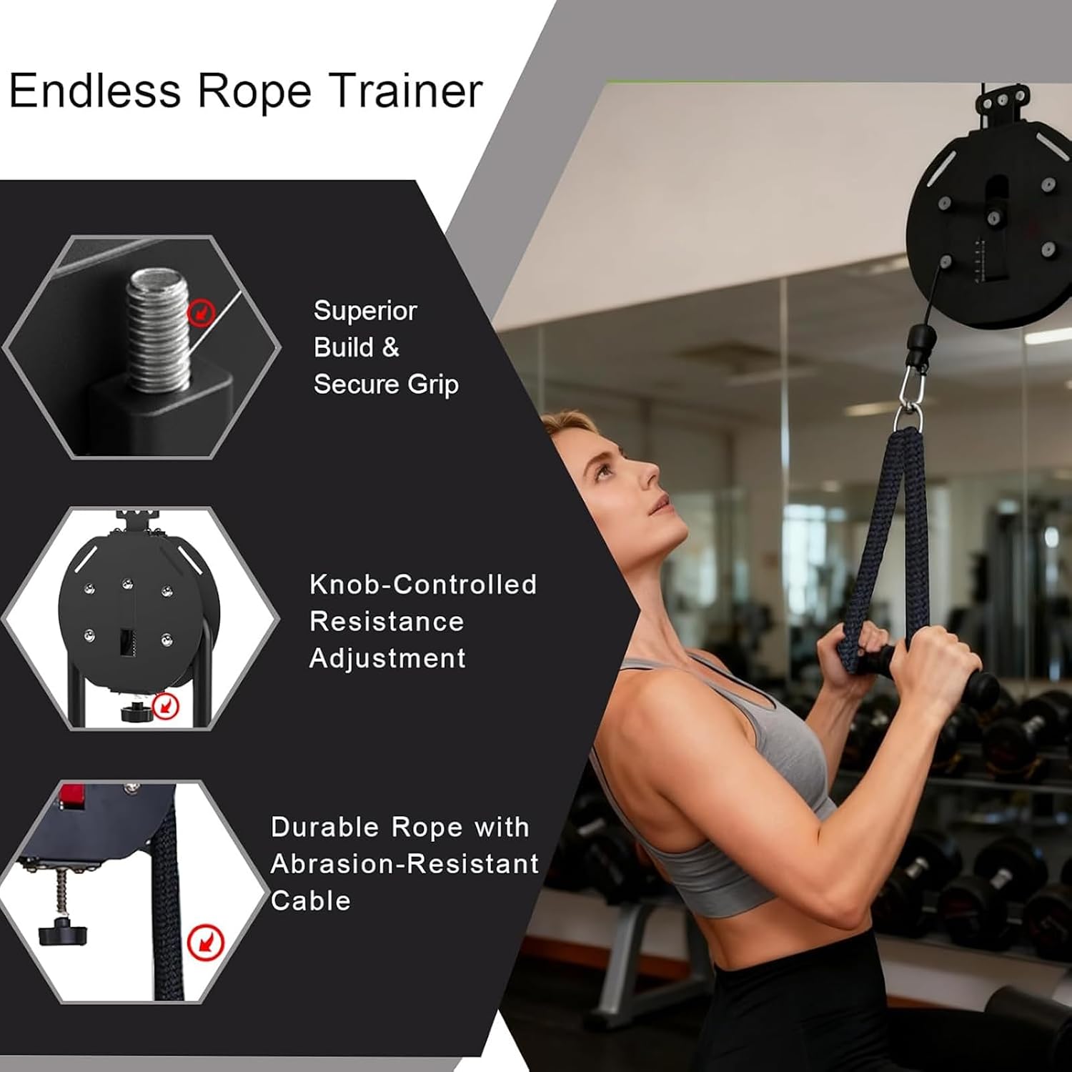 Endless Rope Trainer,Home Gym Equipment,Portable Cable Pulley System, Pulley Cable Machine System with Adjustable Resistance, for Grip, Arms, Back, Body Coordination Exercises