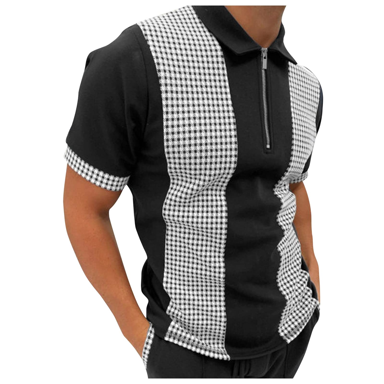 Men's Classic Short Sleeve Polo Shirt Zip Up Casual Summer Slim Fit T-Shirts Striped Graphic Printed Tops Beach Tees