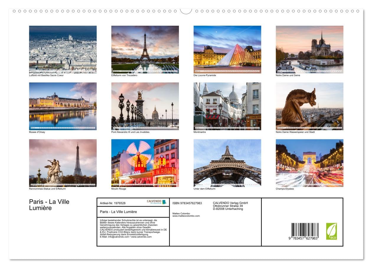 Paris - La Ville Lumière (Wandkalender 2026 DIN A2 quer), CALVENDO Monatskalender: Wahrzeichen und ungesehene Ausblicke auf Paris (CALVENDO Orte)