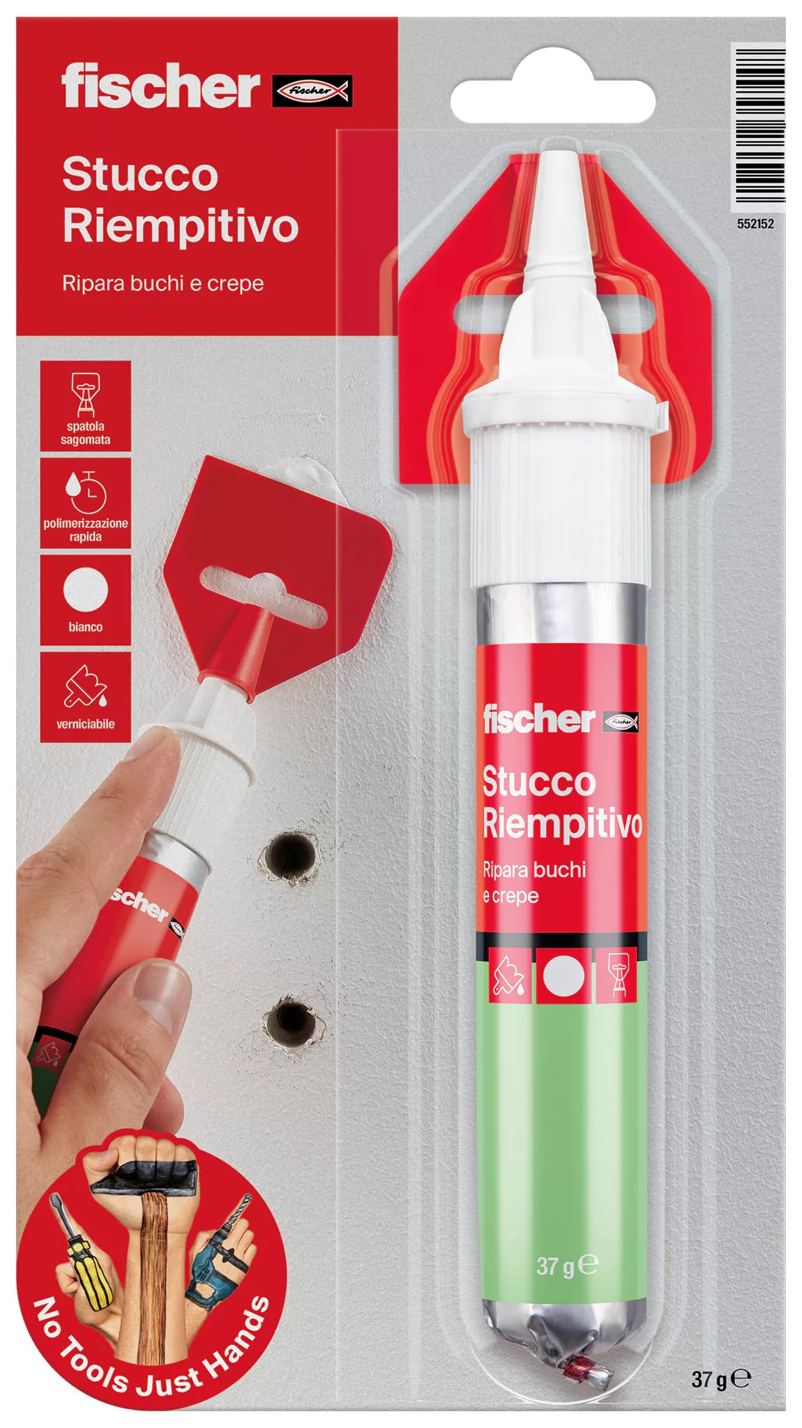Fischer Stucco Veloce con Spatola Integrata per Coprire Fori e Crepe nel Muro, Pronto all'Uso, Bianco, 70 ml, 552152