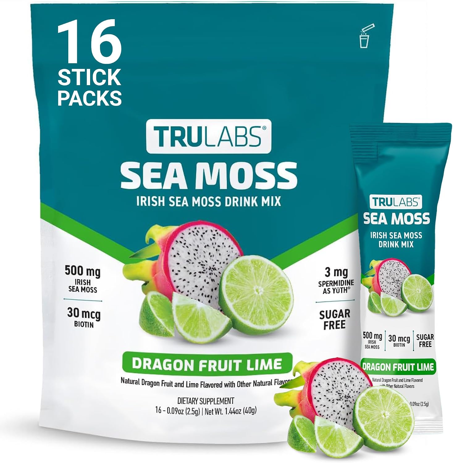 TRULABS Irish Sea Moss Powder Drink Mix – Dragon Fruit Lime Flavor, 500 mg Wildcrafted Sea Moss with 30 mcg Biotin and 3 mg Spermidine, Sugar-Free (16 Stick Packs)