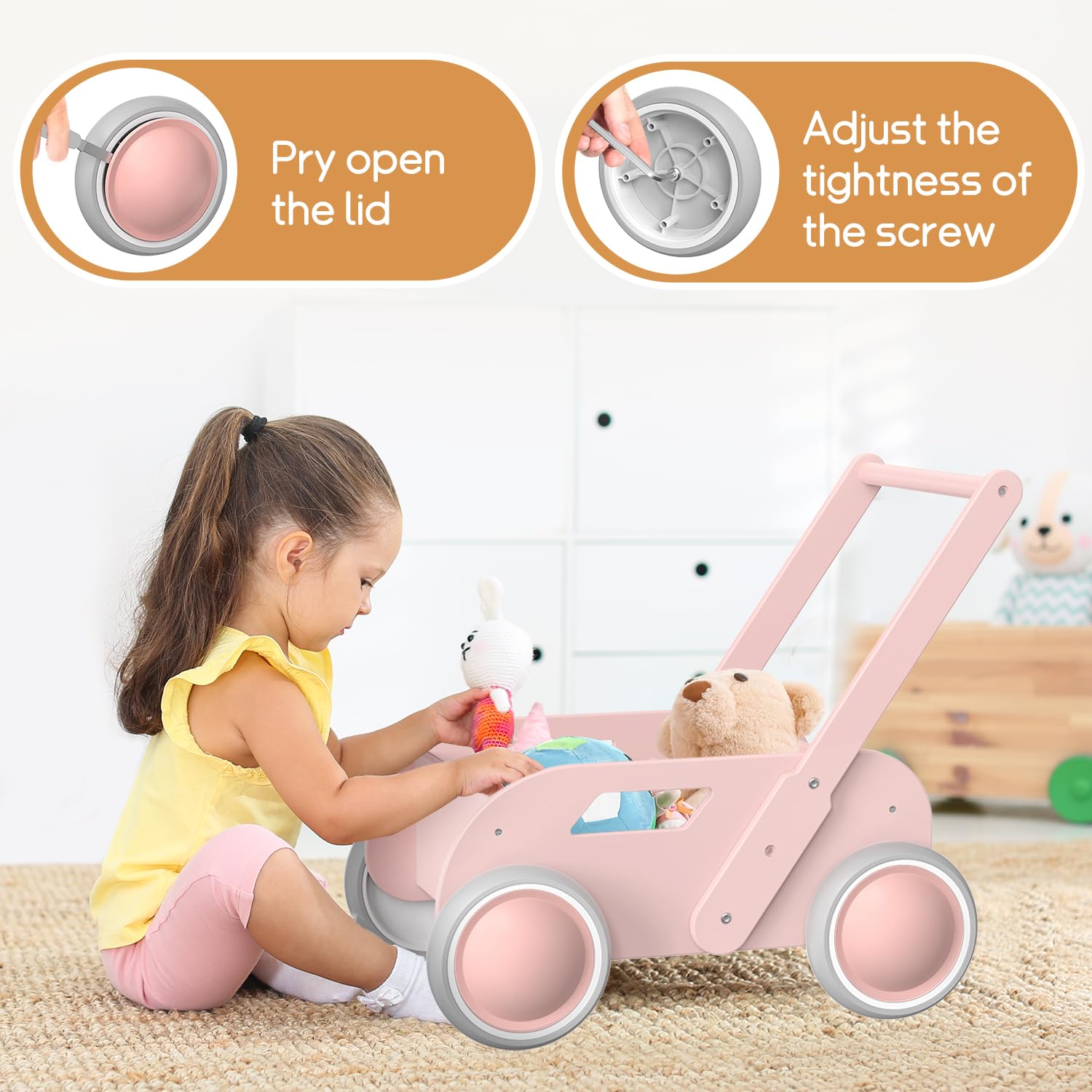 Toddler Push & Pull - Passeggino in legno, per bambini e bambine, giocattolo per primi passi con ruote, regalo per compleanno, Natale, rosa