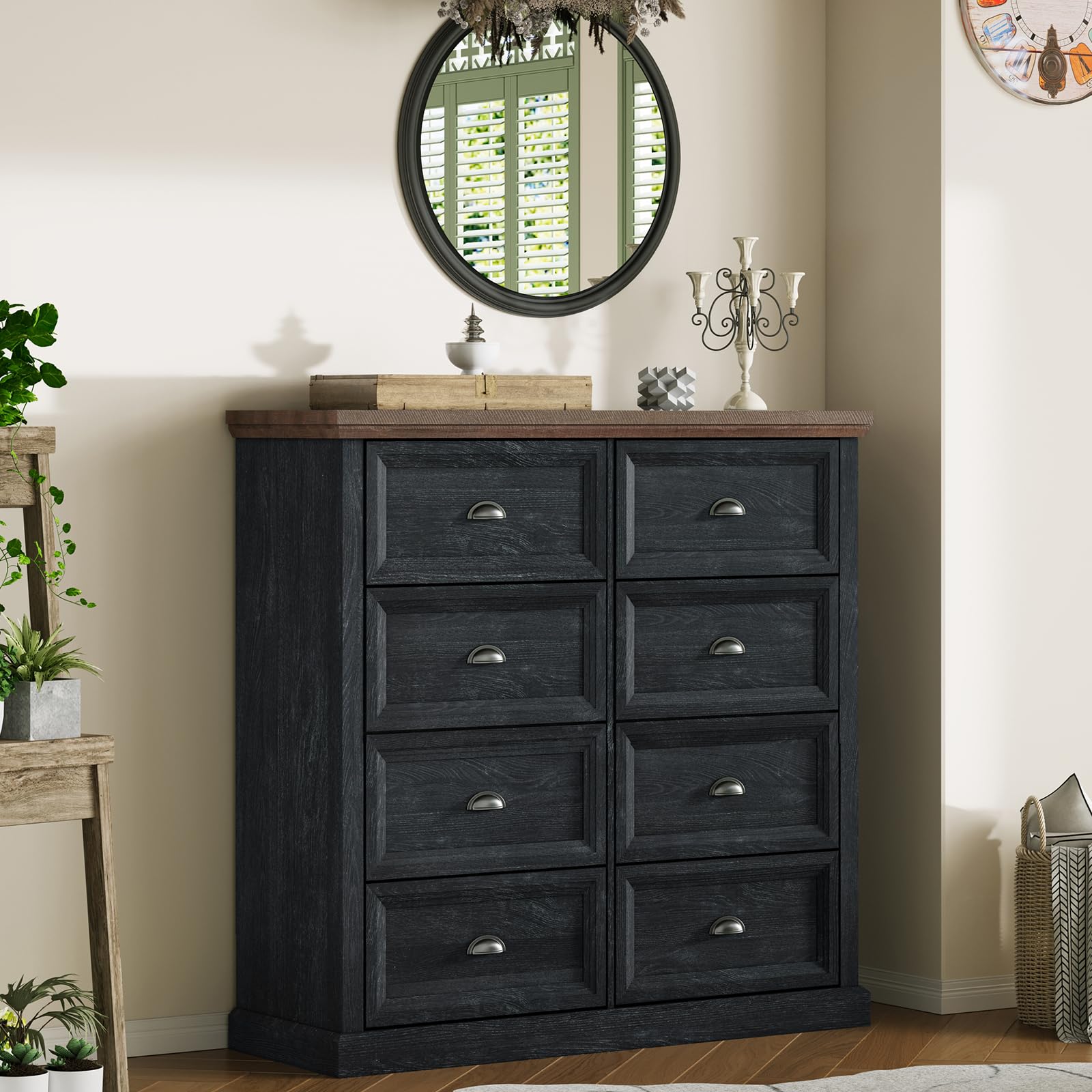 LUXOAK Farmhouse Dresser, Wood Rustic 39.4" Tall 8 Drawer Dresser Chest of Drawers Organizer Storage for Closet for Living Room, Bedroom,Dark Blue