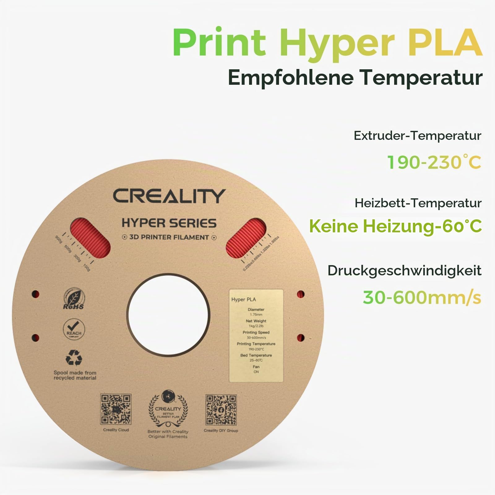 Creality Official Hyper PLA Filament Schwarz+Weiß+Blau+Rot 4KG, 3D Drucker Filament für Hochgeschwindigkeitsdruck und widerstandsfähig, glatt, Überhang Leistung Maßgenauigkeit +/-0.03mm, 4 Rollen