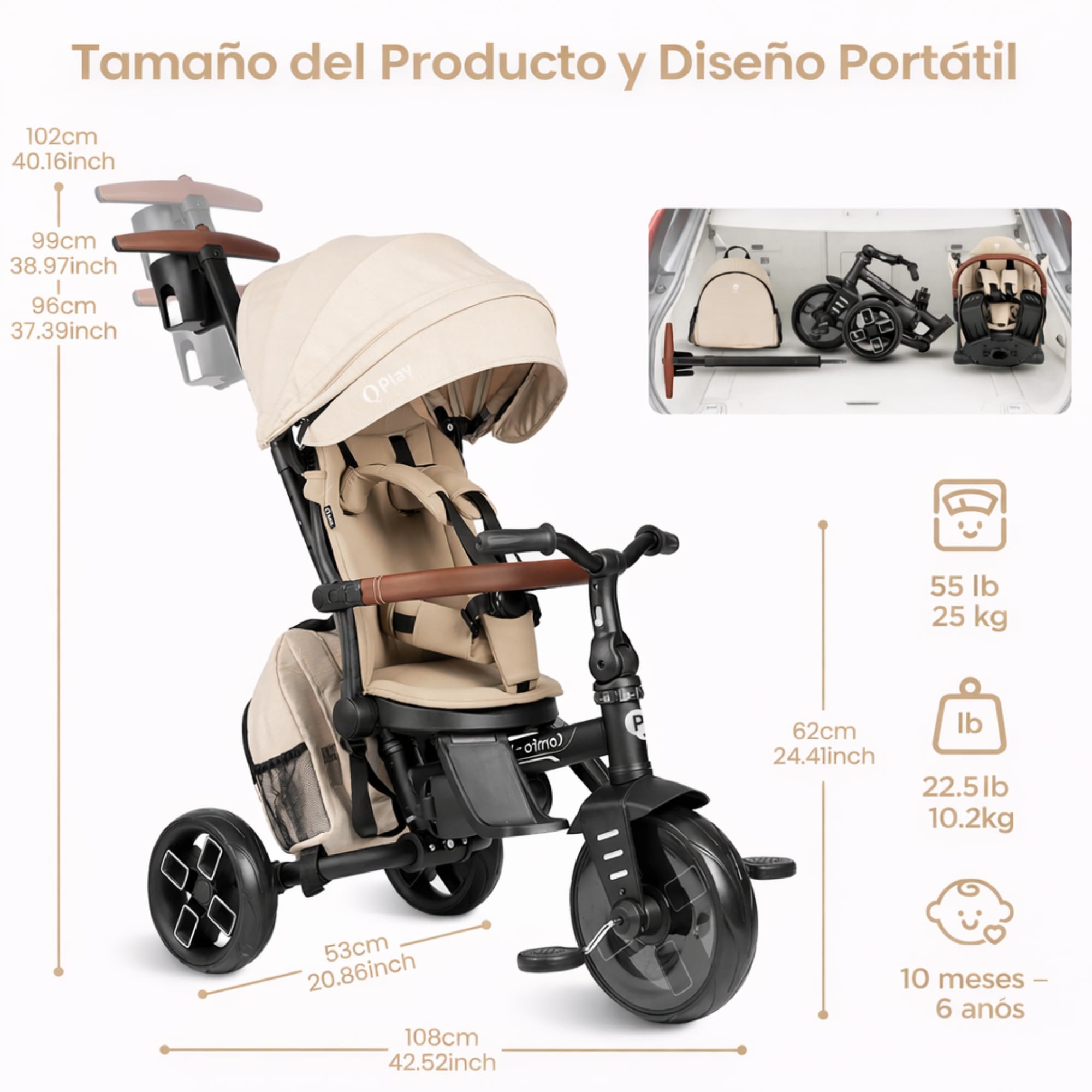 Qplay Tricycle évolutif Comfort Max 6 en 1 Noir | Tricycle Pliable en Aluminium avec siège à 360°, inclinable et Capote – pour bébés de 10 à 72 Mois (Beige)