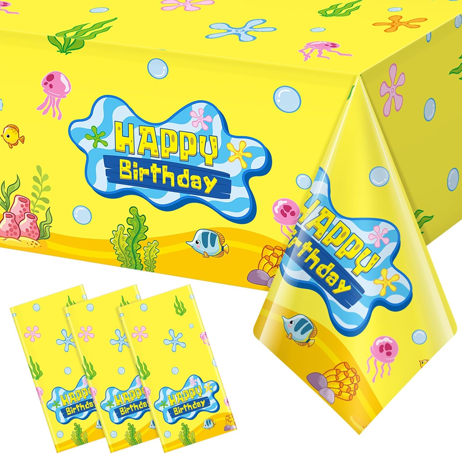 3 Pcs Yellow Cartoon Birthday Tablecloth Decorations, Disposable Ocean Jellyfish Seaweed Tablecloth Happy Birthday Table Cover for Rectangle Table Baby Shower Party Supplies, 108x54 Inch