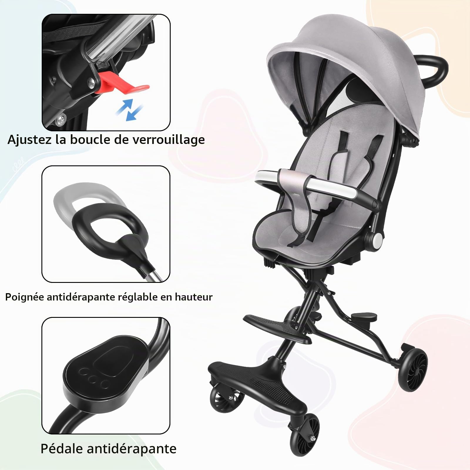 Poussette Canne Compacte, Position Allongée, Poussette Compacte, Inclinable d’une main, Grand panier de rangement (Gris - A)