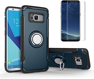 for Samsung Galaxy S8 Case with Screen Protector ,OYIME [Soft Rubber+Hard Plastic] Dual Layer Hybrid Design 360 Degree Rotating Ring Holder Kickstand Magnetic Car Mount Slim Fit Back Protective Cover Drop Protection Shockproof Bumper - Navy