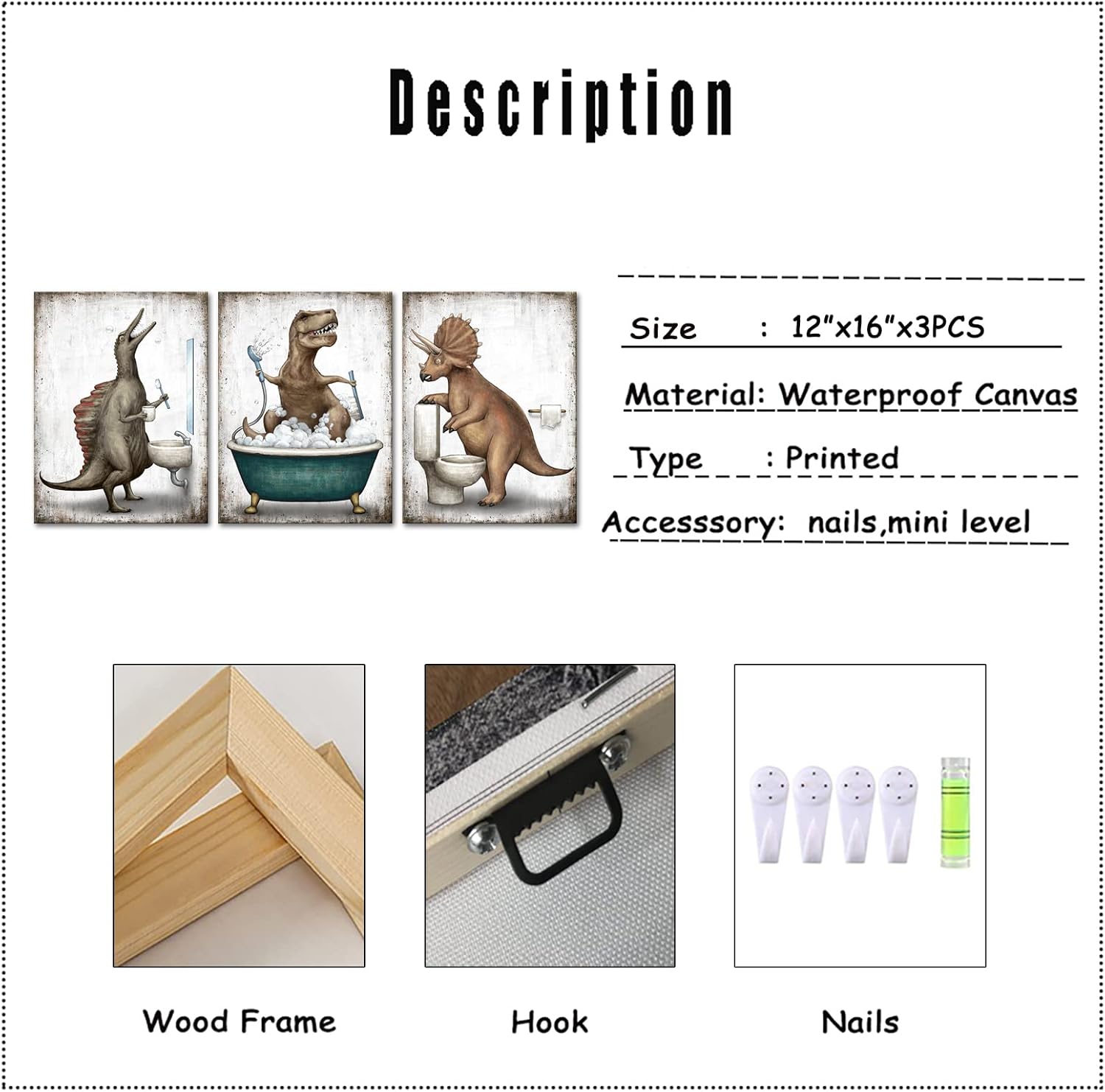 Derkymo Dinosaur Canvas Wall Art Educational Gift Home Decorations Gift Idea for Nursery and Bathroom Modern Gallery Wrapped Wall Art Prints Teen Room Decor Stretched and Framed Ready to Hang