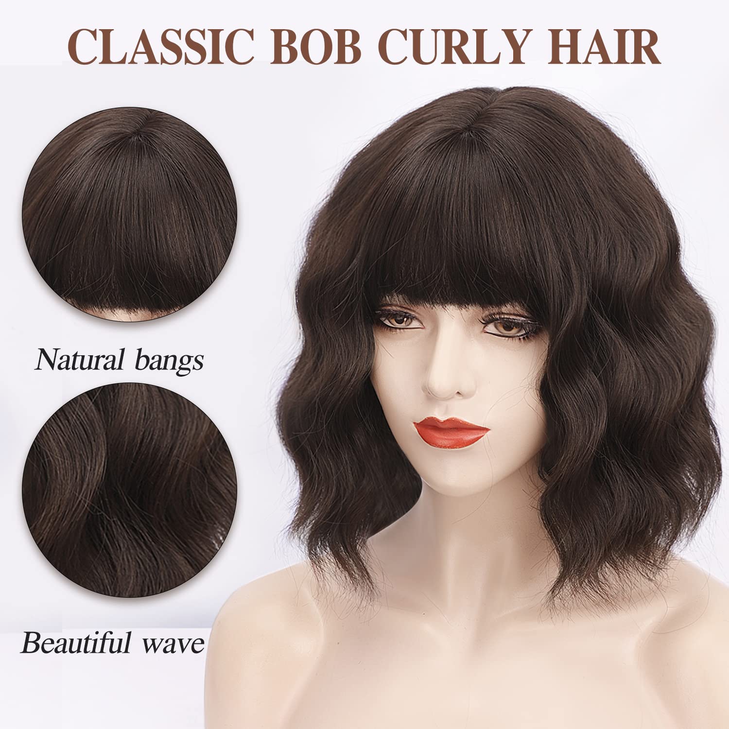 ENTRANCED STYLES Short Wavy Bob Wig with Bangs Curly Wigs for Black Women Heat Resistant Synthetic Wig Natural Brown Wigs