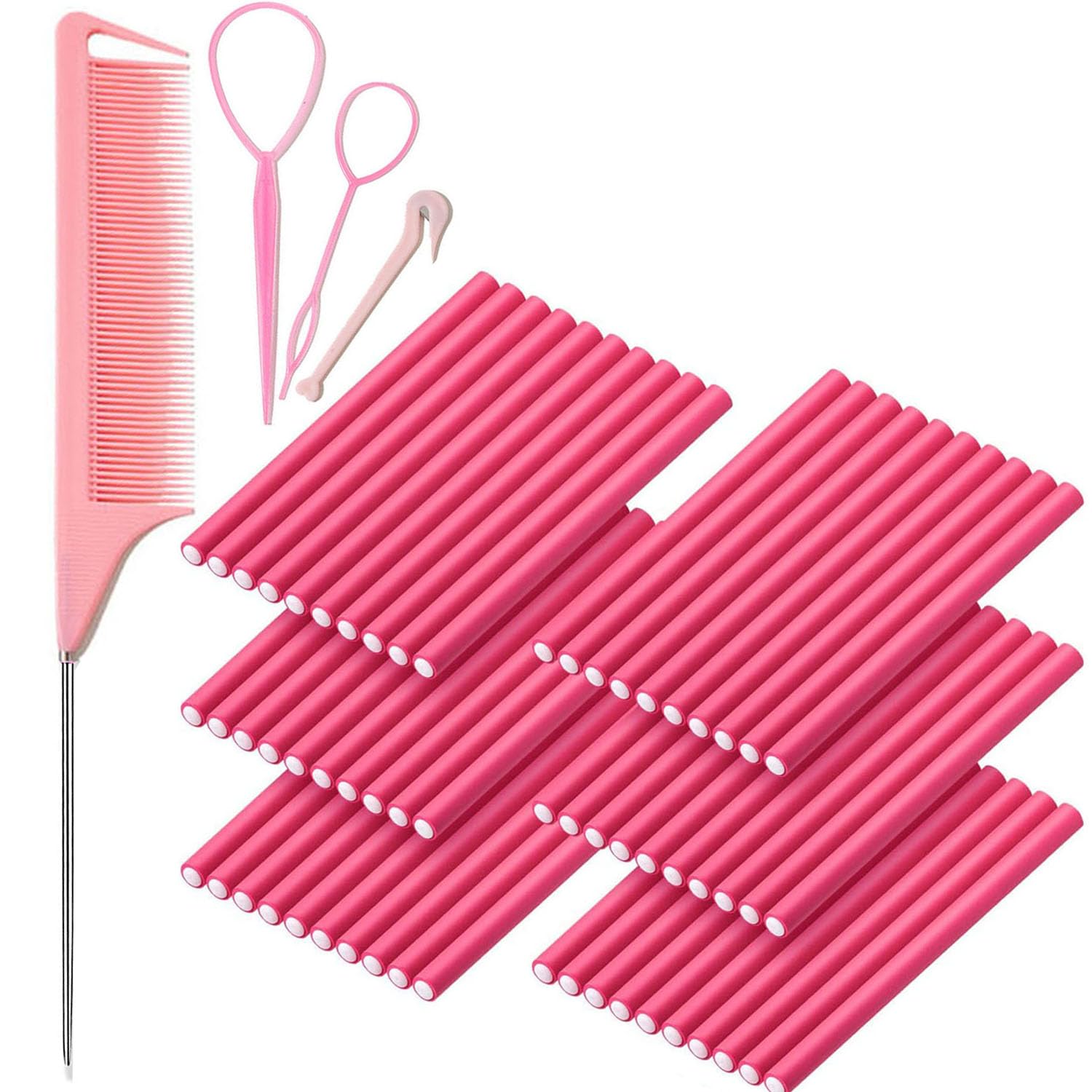 HBSTUDIO Flexible Curling Rods Hair Twist Flexi Rods Hair Curlers Set,Twist Foam Hair Rollers No Heat Hair Rods Rollers Hair Curlers Rollers,Steel Pintail Comb Rat Tail Comb(60pcs)