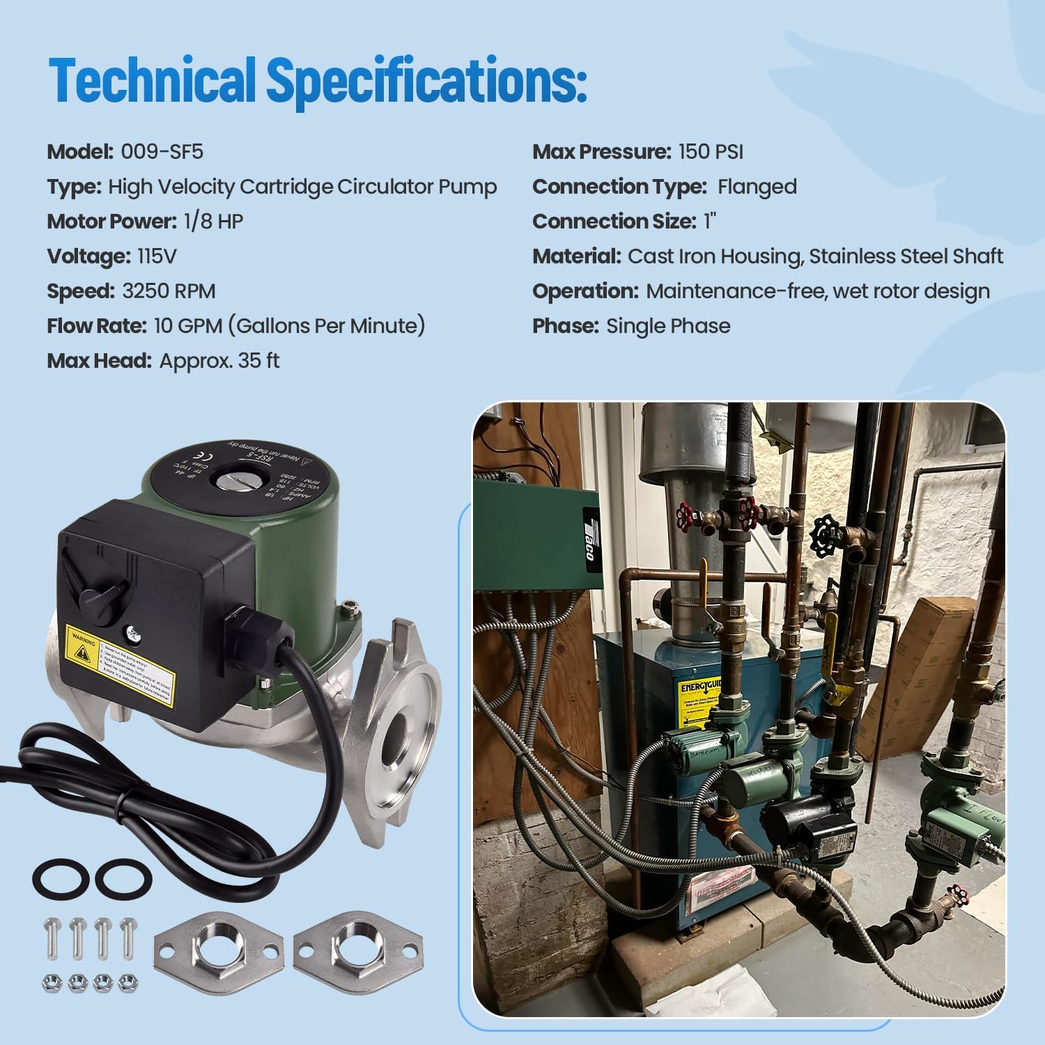 009-SF5 Water Circulation Pump, 1/8 HP 115V 3250 RPM 150 PSI, Compatible with Taco High Velocity Cartridge Circulator Pump, Replace 009SF5 Flanged Hydronic Heating Hot Water Circulator Pumps