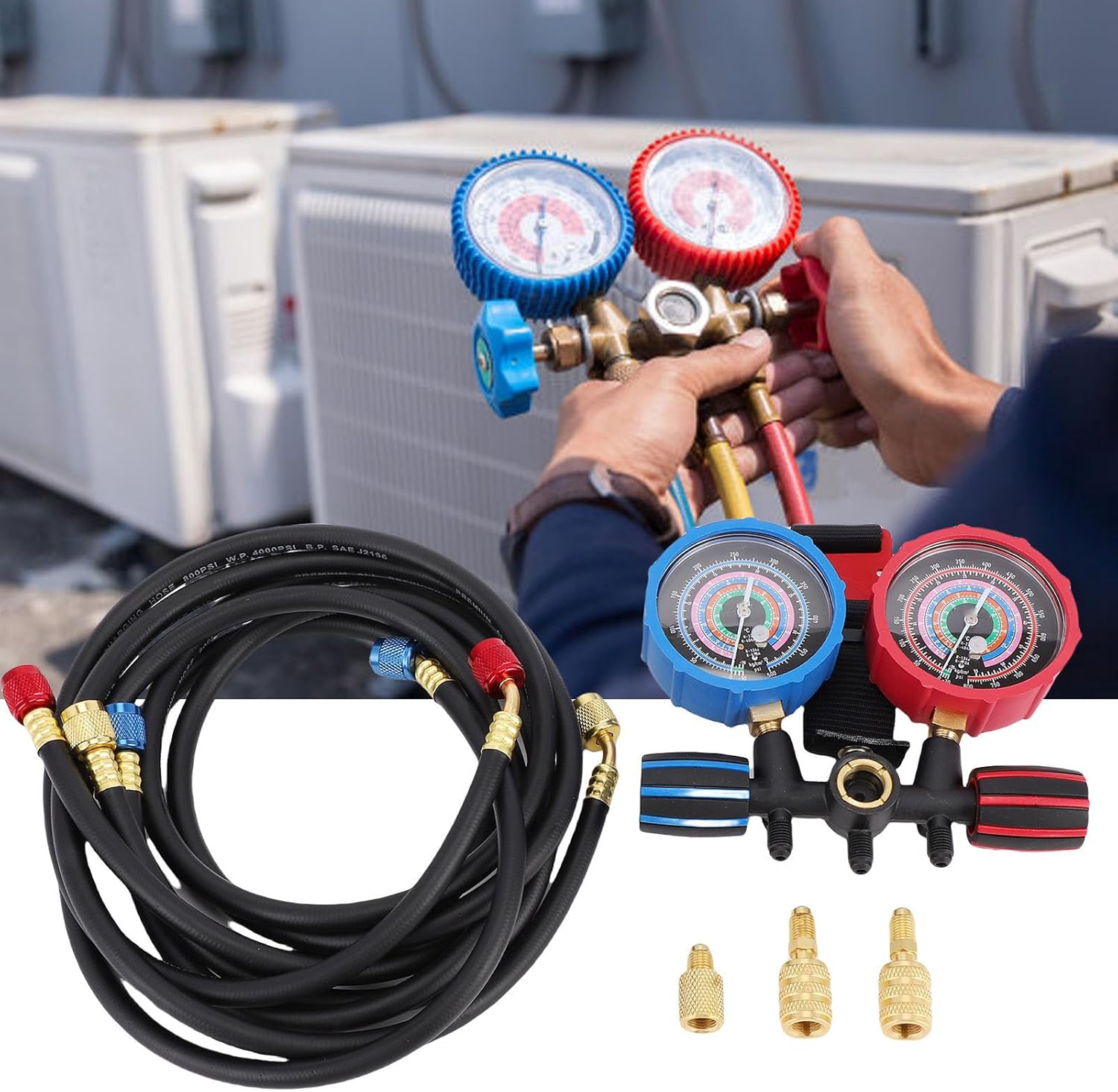 Air Conditioning Pressure Gauge, Manifold Pressure Gauge Set, high and Low Pressure gauges, Suitable for R134, R22, R410A, R404