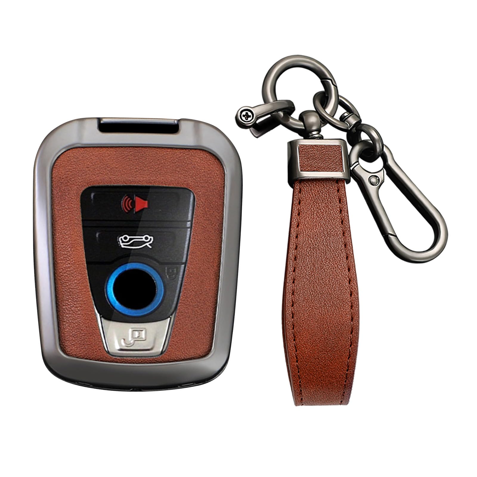 KUNIO PU Leather+Zinc Alloy 4 Button Smart Key Fob Cover Case Fit for BMW 2014-2019 I3 2014-2020 I8 Keyless Key Holder with Leather Keychain Car Accessory B Gun Brown