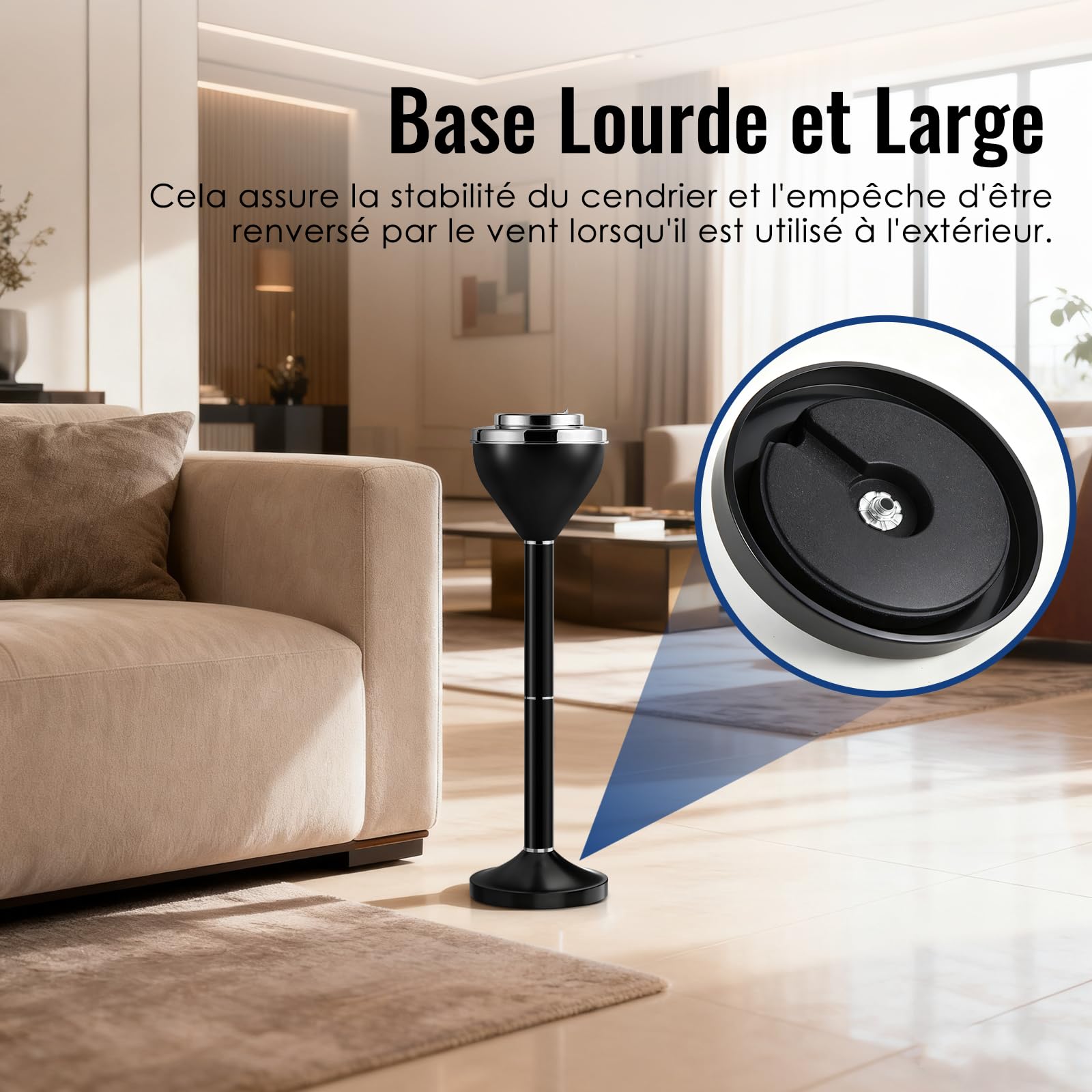 Cendrier Exterieur sur Pied, Cendrier Anti Odeur pour Interieur | Cendrier sur Pied Exterieur Réglable De 42 Cm À 61 Cm, Cendrier Cigare Amovible avec Couvercle & Avec Socle Lesté, Noir