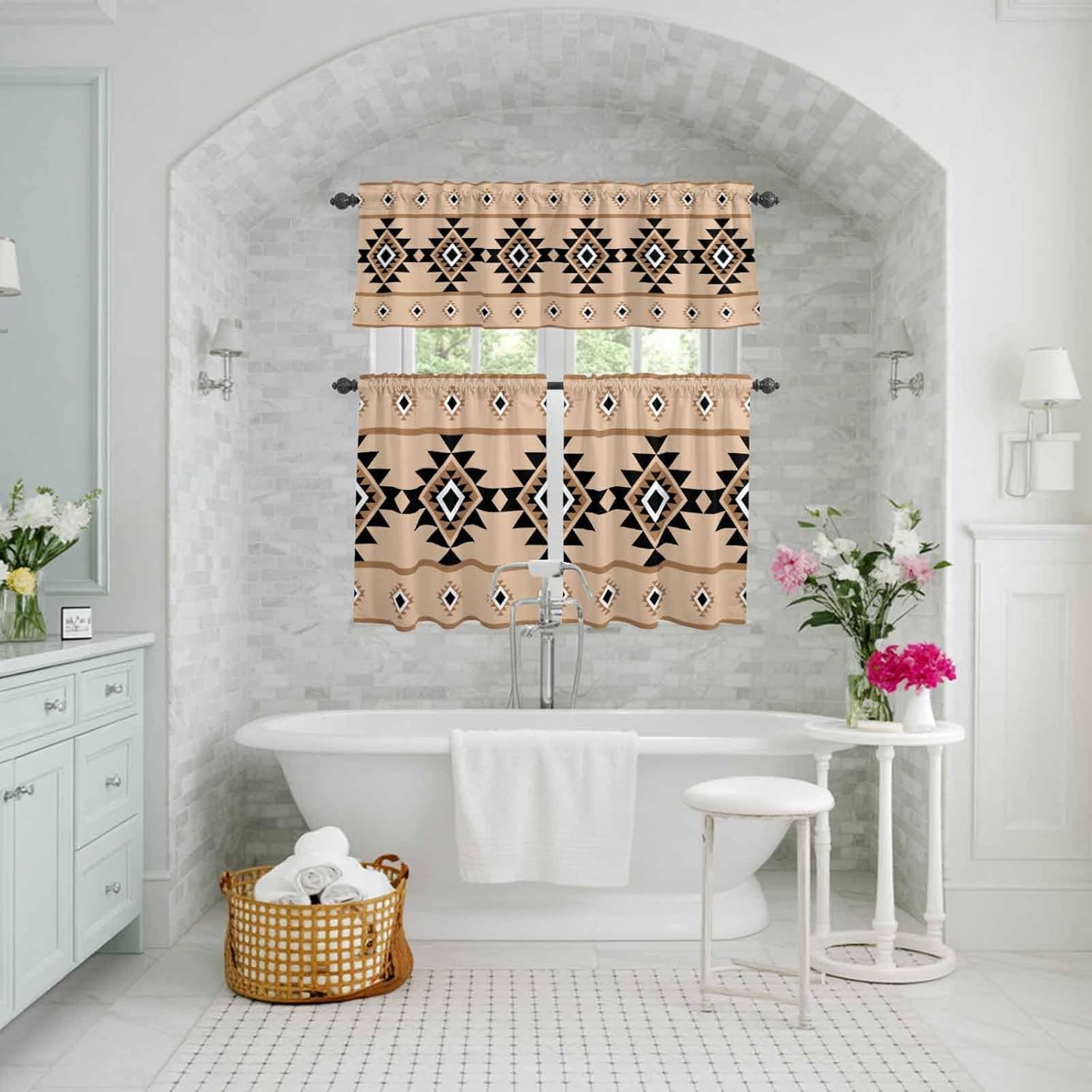 Vandarllin Kitchen Curtains and Valances Set, Khaki Aztec Window Treatments Tiers Western Tribal Pattern Half Short Curtains for Small Windows Living Room Bedroom Cafe Home Decor 54x36 Inch