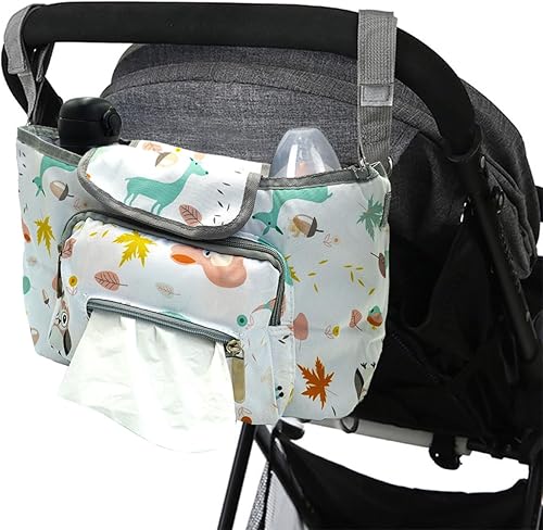 Organizador universal para cochecito con portavasos, patrones de animales, organizador de bolsa de cochecito, organizador de cochecito de gran