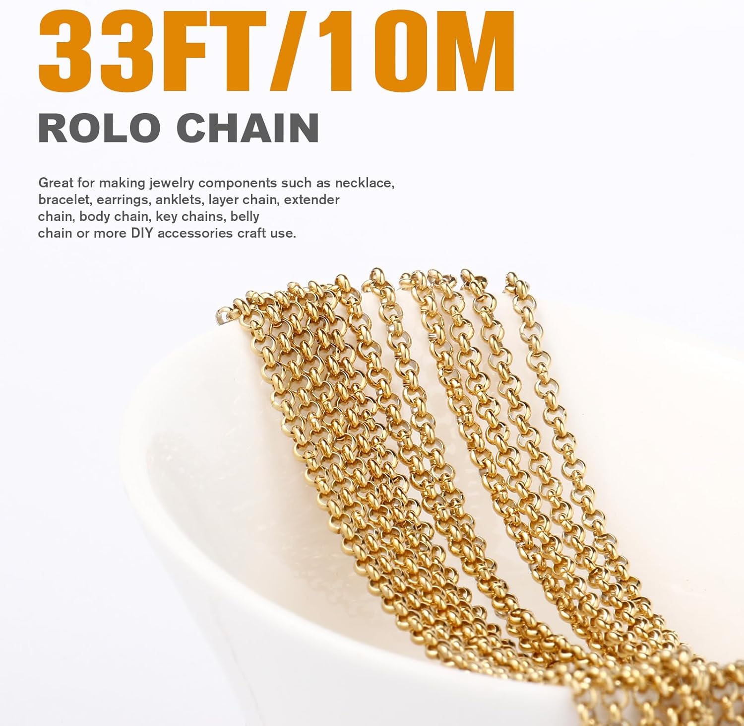 33FT 18K Gold PVD Plated Rolo O Chains Roll, 3.5mm Gold Stainless Steel Round Rolo Chain Spool Bulk for Jewelry Making