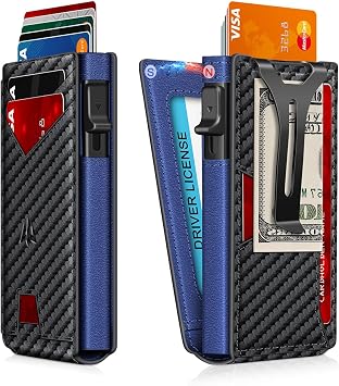 Wallet for Men, Slim Minimalist Wallet with Money Clip&ID Window, RFID Blocking Pop-Up Credit Card Holder, Smart Auminum Mens Wallet Holds 9-13 Cards Gift Box Carbon Fiber & Blue