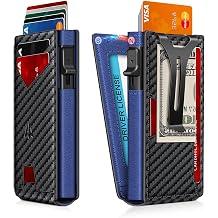 Wallet for Men, Slim Minimalist Wallet with Money Clip&ID Window, RFID Blocking Pop-Up Credit Card Holder, Smart Auminum Mens Wallet Holds 9-13 Cards Gift Box Carbon Fiber & Blue