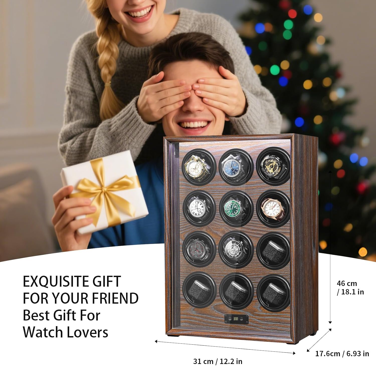 Watch Winder for 4/6/8/9/12 Automatic Watches, Watch Rotator for Rolex 15 Rotation Modes Box with LED Light, Watches Winder Case AC/USB Powered Present for Men Quiet Mabuchi Motor