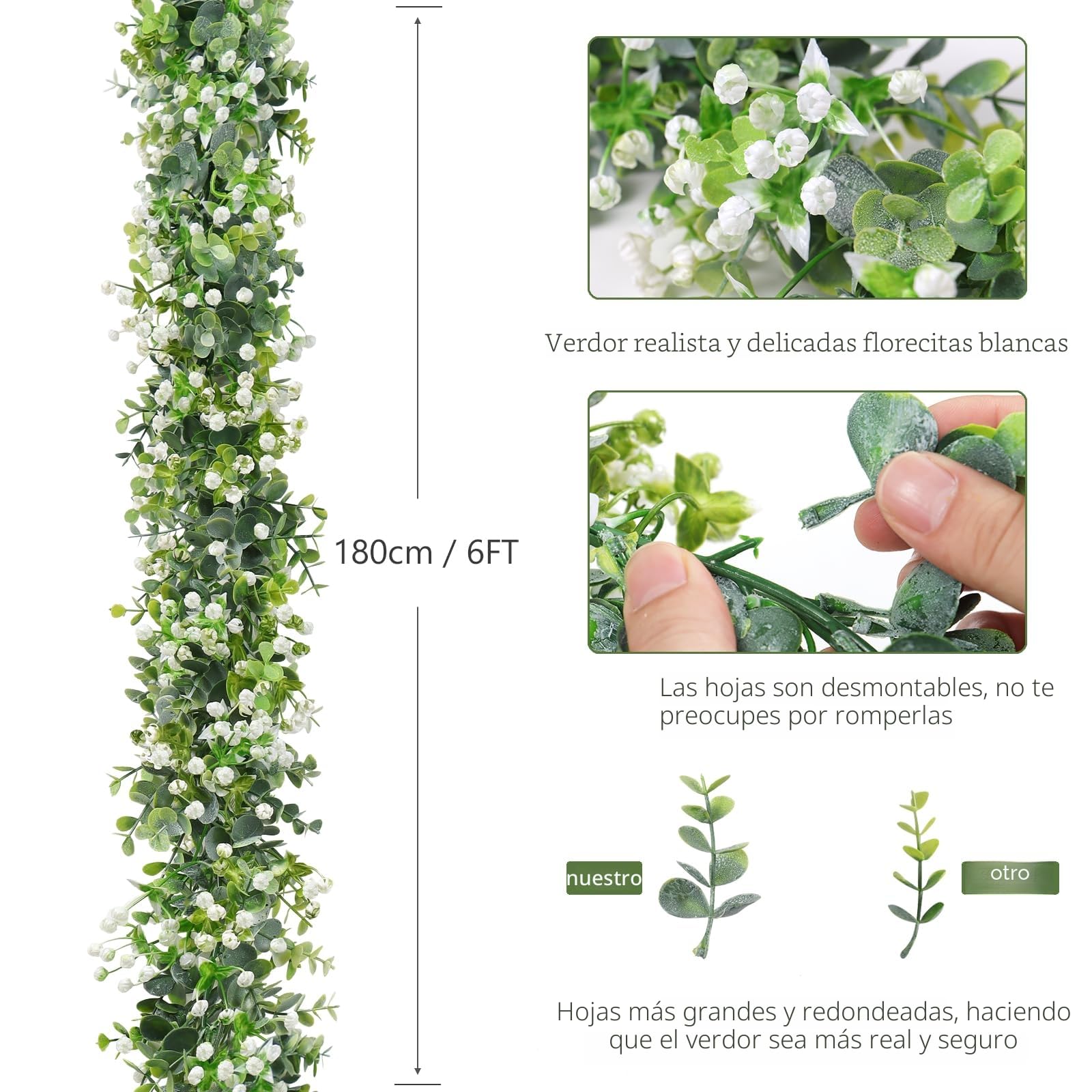 Guirnalda Artificial de eucalipto con Flores Blancas, Guirnalda de Flores Artificiales Planta Colgante para Fondo de Boda Arco de decoración de Pared Hojas de Vid protección UV 2 Unidades
