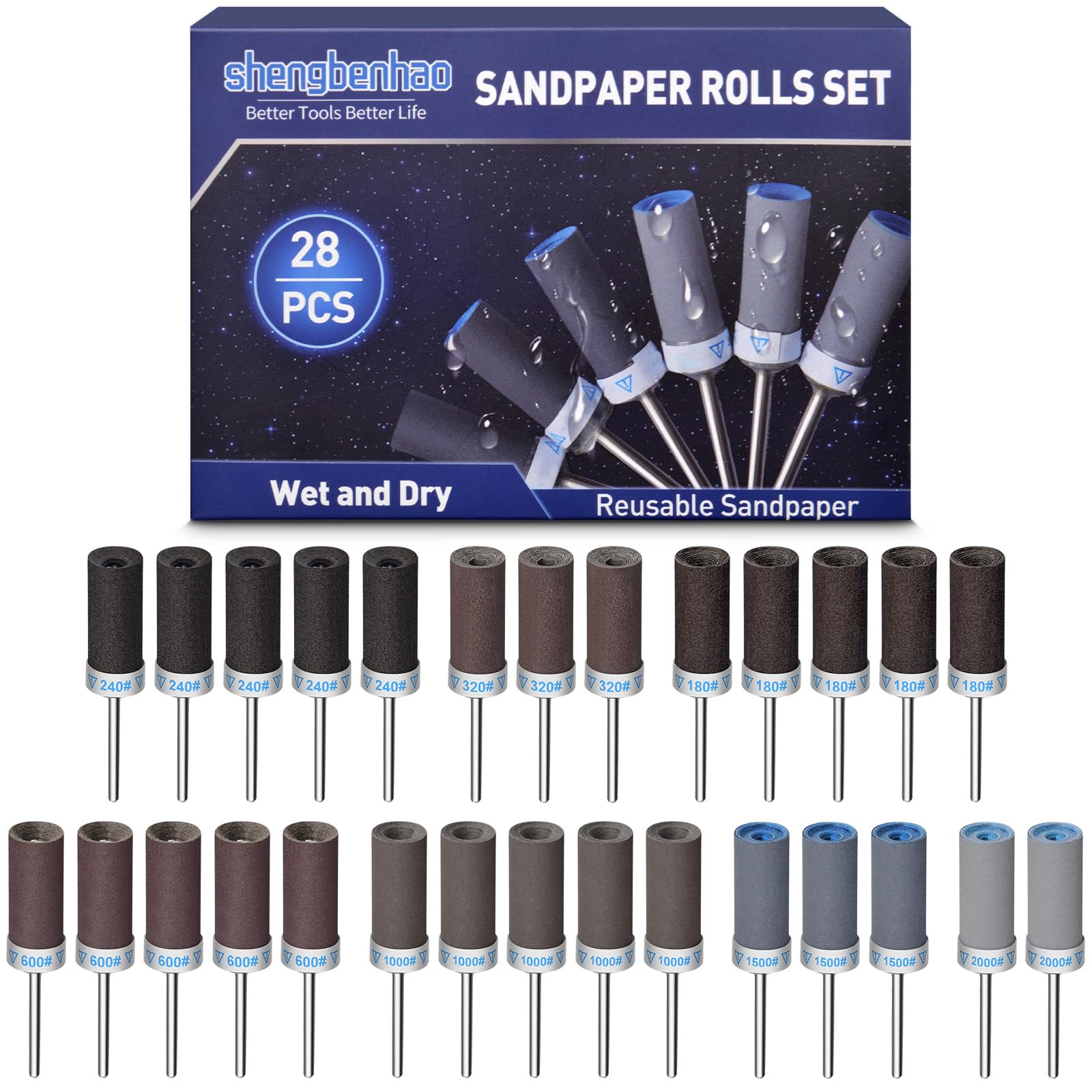 28Pcs Sanding Drums Sandpaper Sticks Set for Dremel Rotary Tool, 1/8" Shank 180/240/320/600/1000/1500/2000 Grits Different Meet More Needs for Metal
