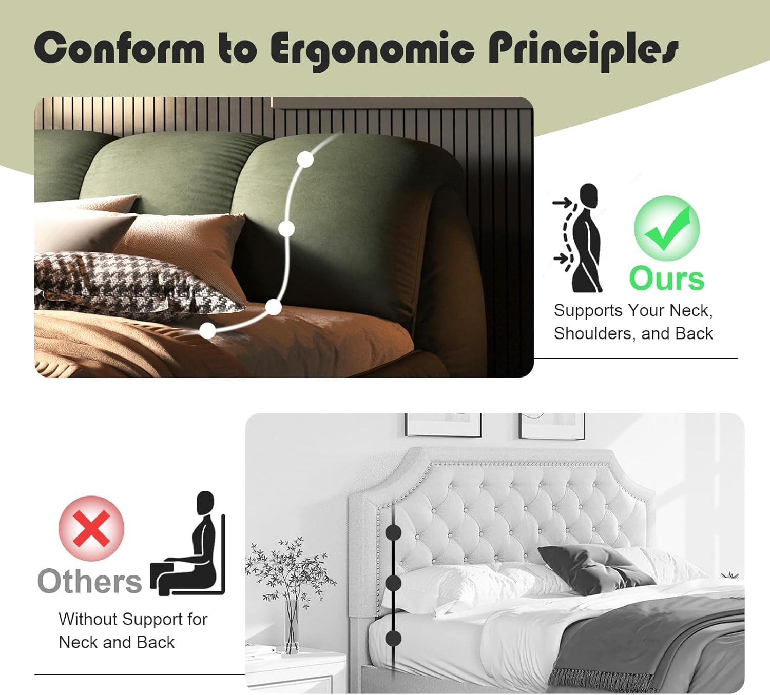 King Size Cloud Bed Frame with Oversized Padded Headboard, Luxury Upholstered Low Profile Platform Bed, 20 Solid Wood Slats, 1000 lbs Support, No Box Spring Needed, Noise-Free Green | Breathable material, Padded Backrest