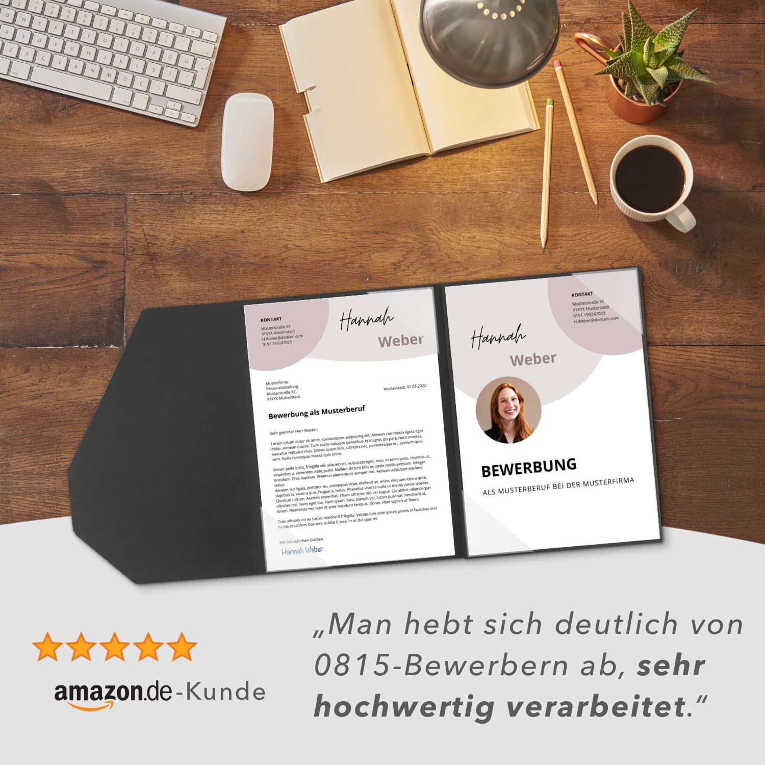 4 Stück vierteilige Bewerbungsmappen Lemani® PREMIUM in 'dark grey' mit 2 Klemmschienen - Premium-Qualität von deutschem Hersteller - mit hochwertiger Prägung 'Bewerbung'