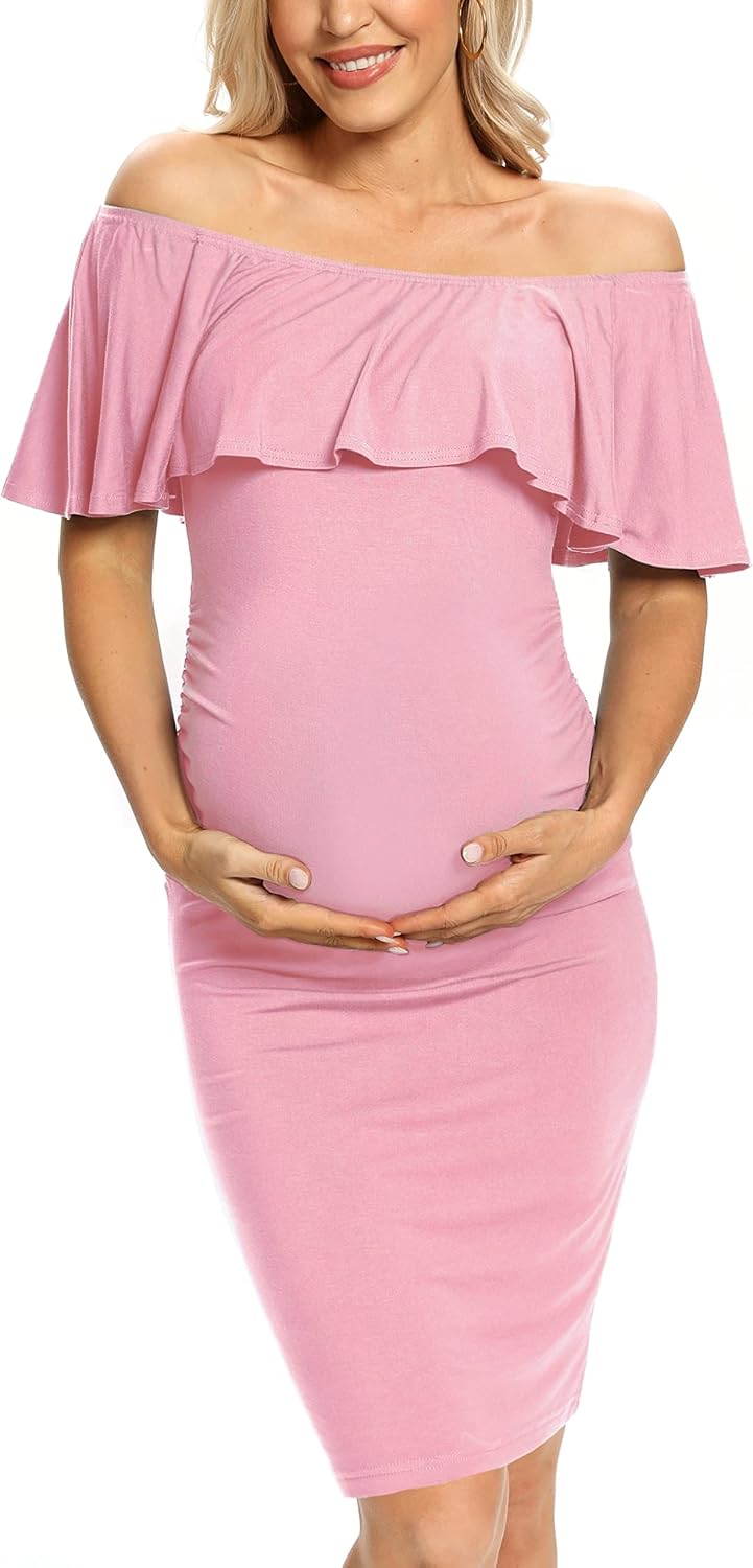 Ruffle Off Shoulder Fitted Maternity Dress, Ruched Side Bodycon Formal Pregnancy Dress for Baby Shower/Photography