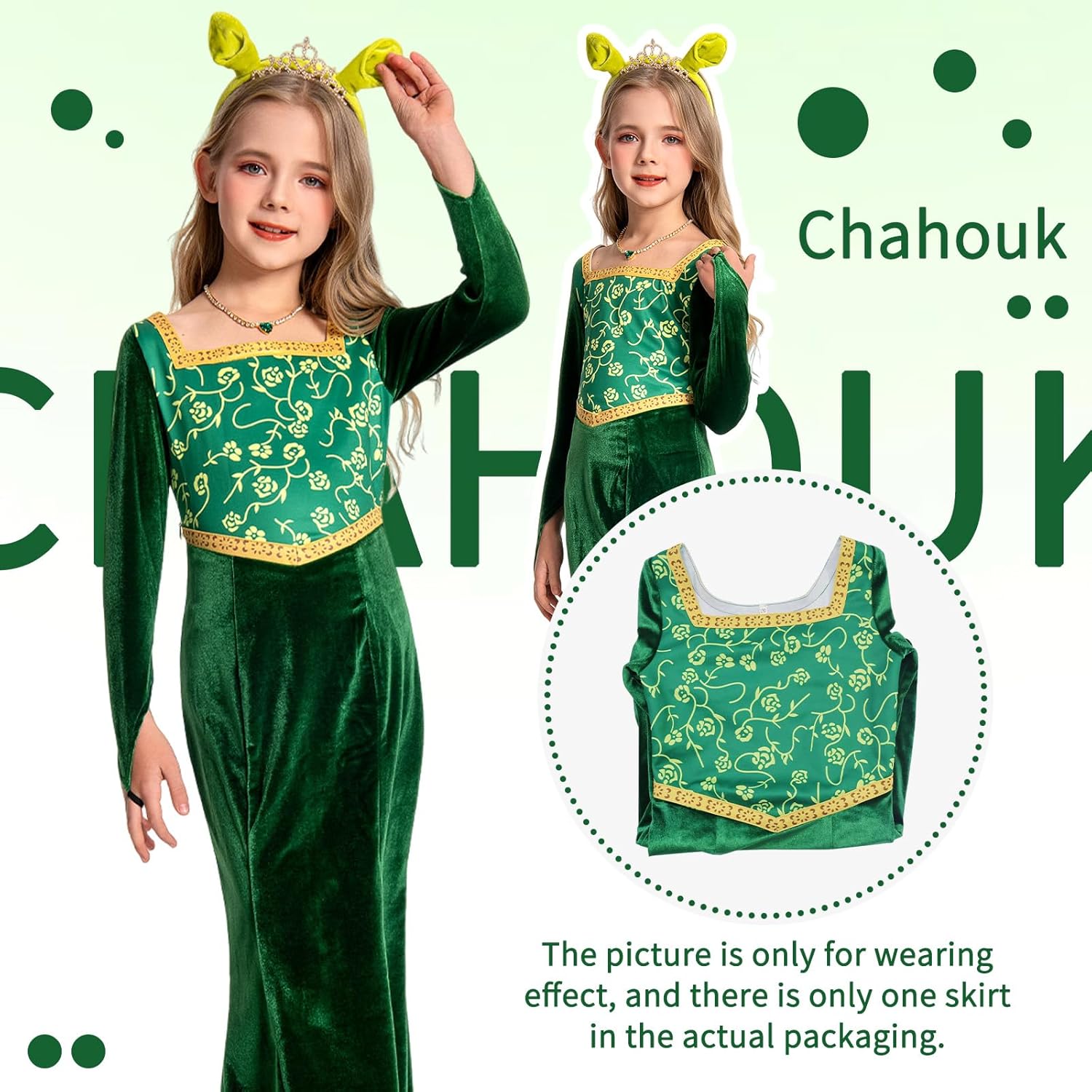 Girls Princess Costume Dress Pretty Green Gown Halloween Long Sleeve Outfit Birthday Party Cosplay Dress Up