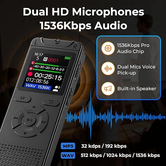 Digital Voice Recorder with Playback, 32GB Built-in Memory Storage