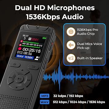 Digital Voice Recorder with Playback, 32GB Built-in Memory Storage
