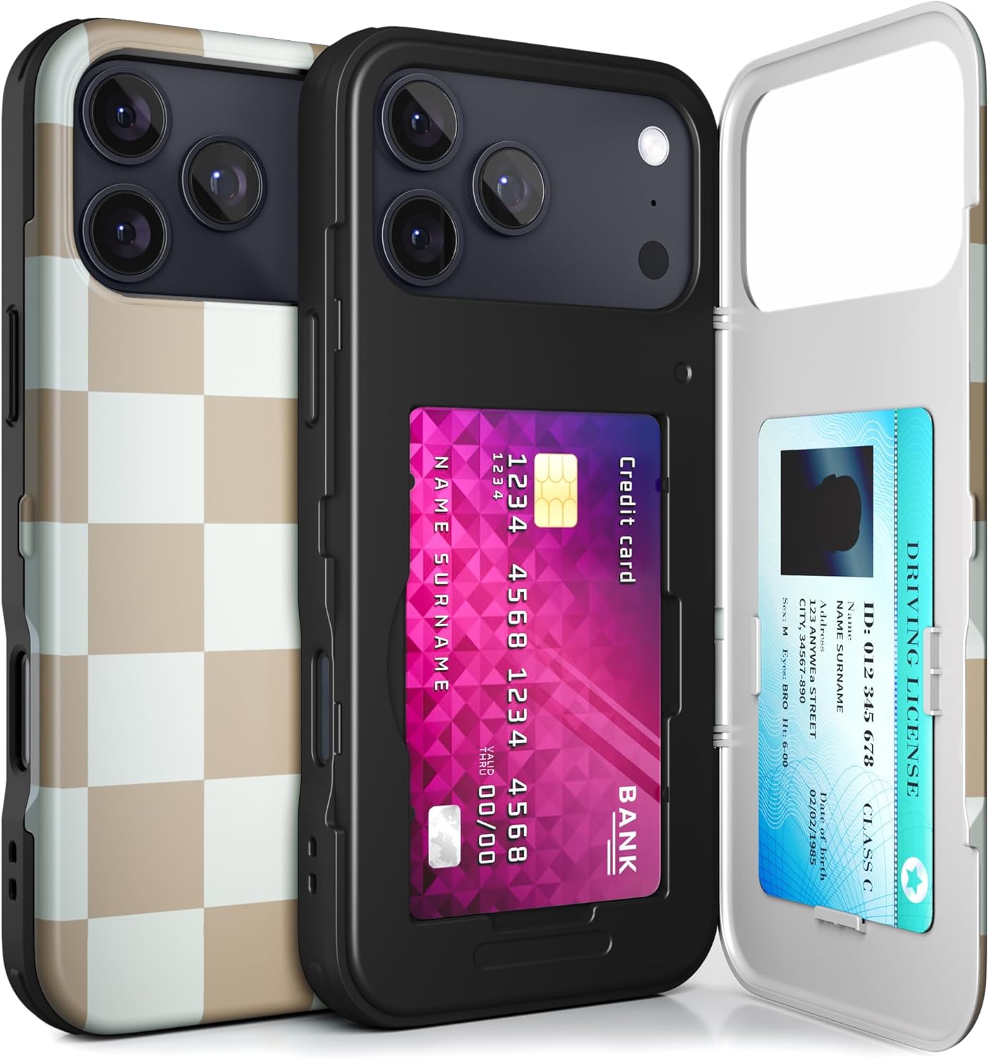 TORU for iPhone 17 Pro Max Wallet Case with Card Holder, Hidden ID Credit Card Slot Flip Kickstand, Slim Fit Shockproof Heavy Duty Phone Cover with Strap - Beige Checkered Pattern