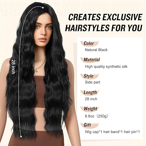 Miniatura 2 de Flufymooz Peluca negra para mujer, parte lateral de 28 pulgadas de largo, ondulada, rizada, de aspecto natural, resistente al calor, peluca de fibra