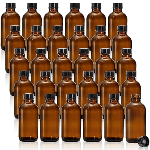 Miniatura 1 de Bekith Paquete de 30 botellas de vidrio ámbar de 4 onzas, botellas redondas de muestra Boston con tapa de cono de polietileno negro para jugo,
