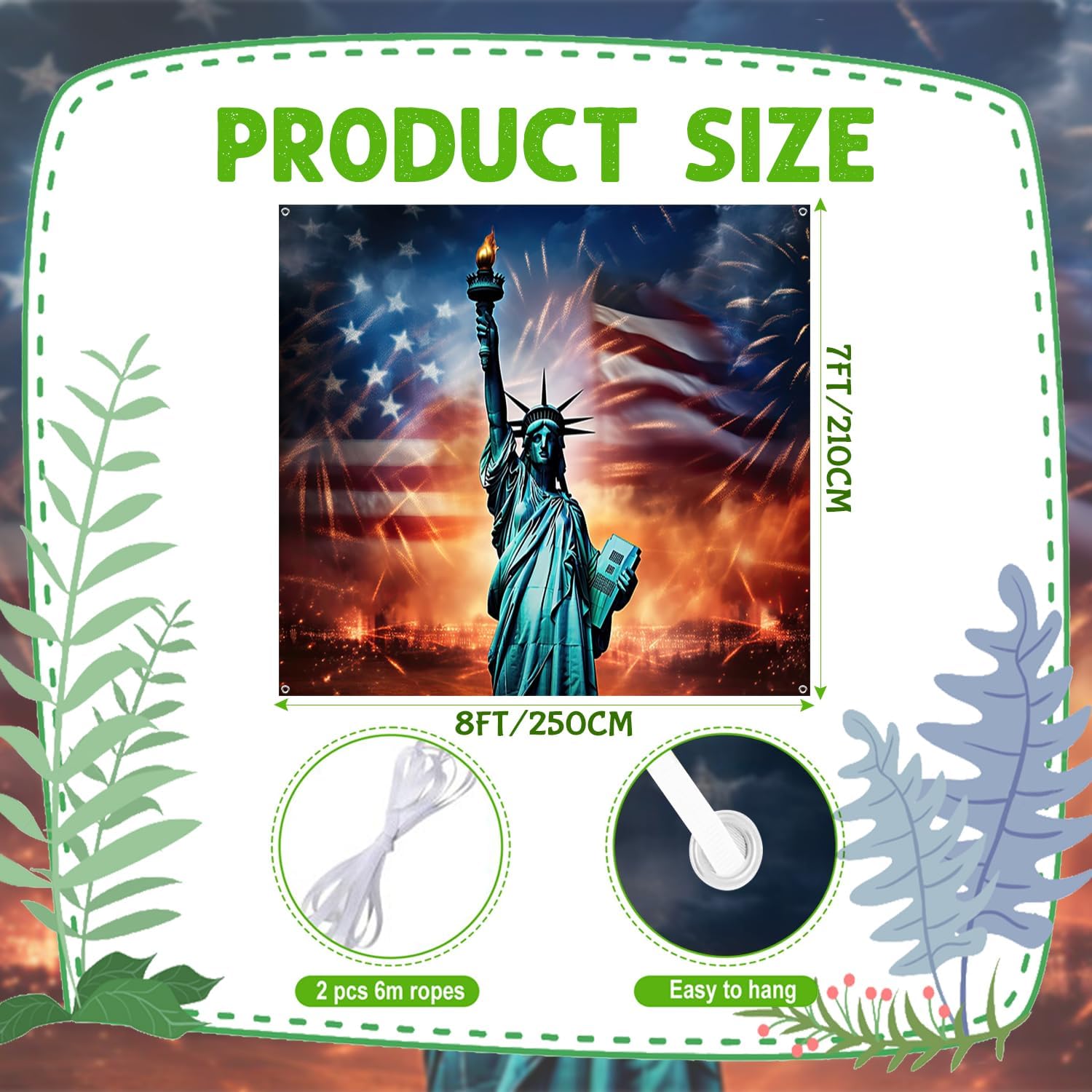 7x8ft Statue of Liberty Garage Door Decor America Stars and Stripes Huge Statue Patriotic Fireworks City Garage Door Cover for 4th of July Veterans Memorial Day Garage Door Decor