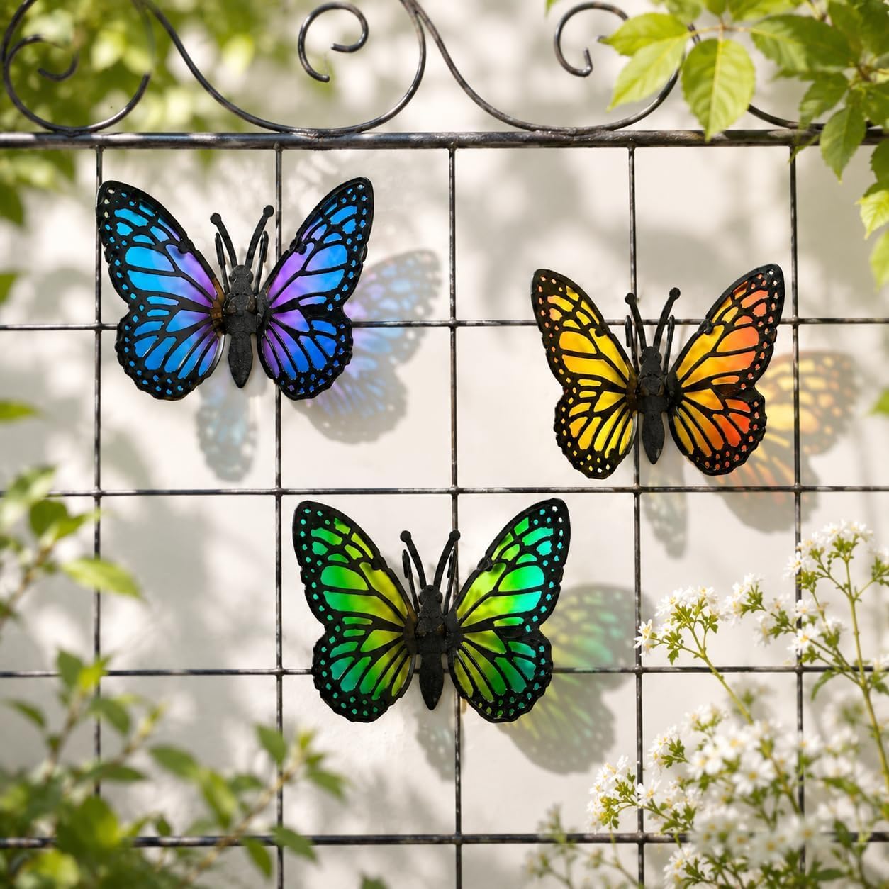 Stained Glass Butterfly Flower Plant Decorations for Pots,Planter,Garden Trellises,Latticework,Fence,Patio,Gifts for Gardeners,Metal Hanging Ornamentst,Wall Decor, Capture Sunlight,3-Piece Set
