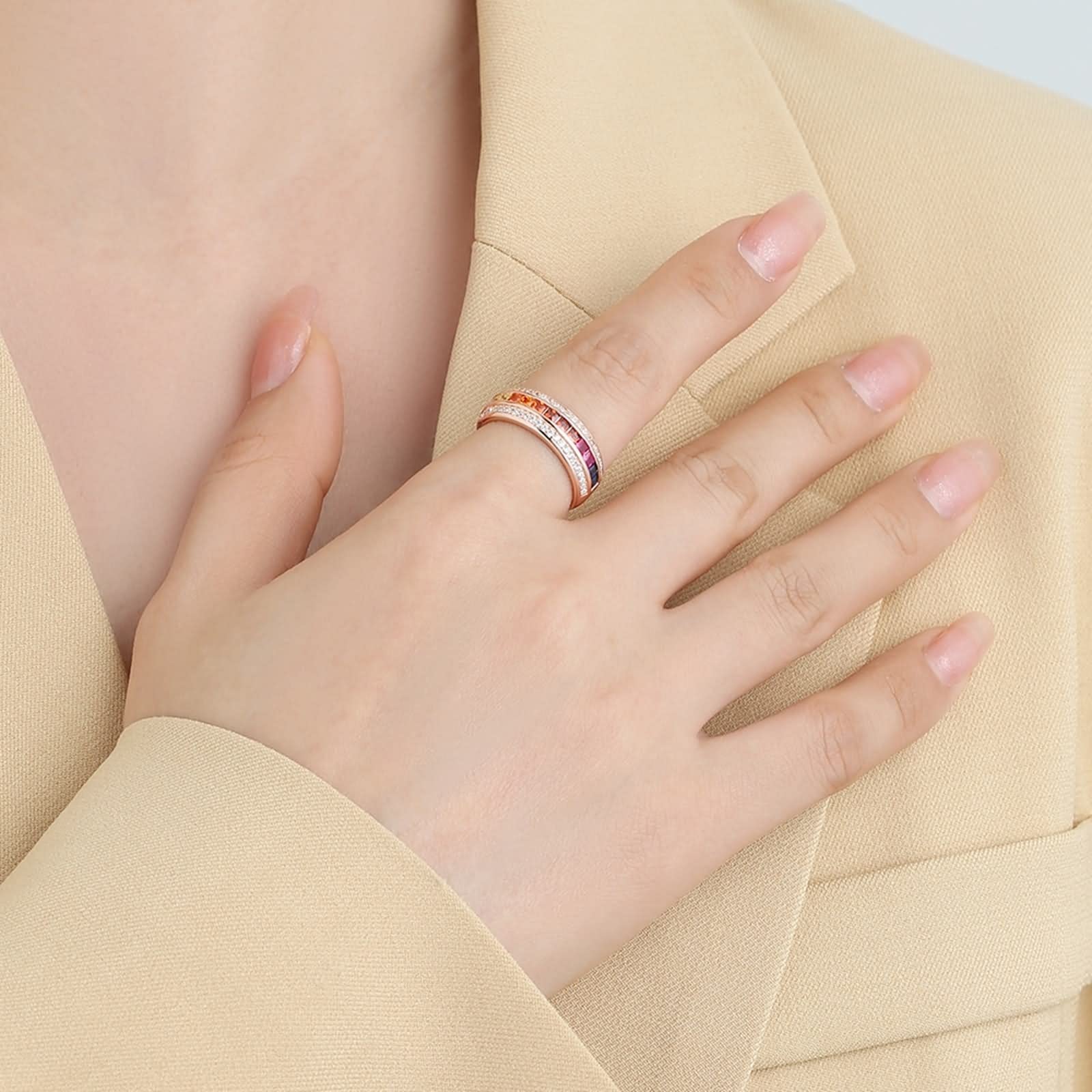 WXKAGF Eheringe für Damen im Vintage-Stil, Vintage-Ringe aus Sterlingsilber, DREI Reihen Regenbogen mit Zirkonia