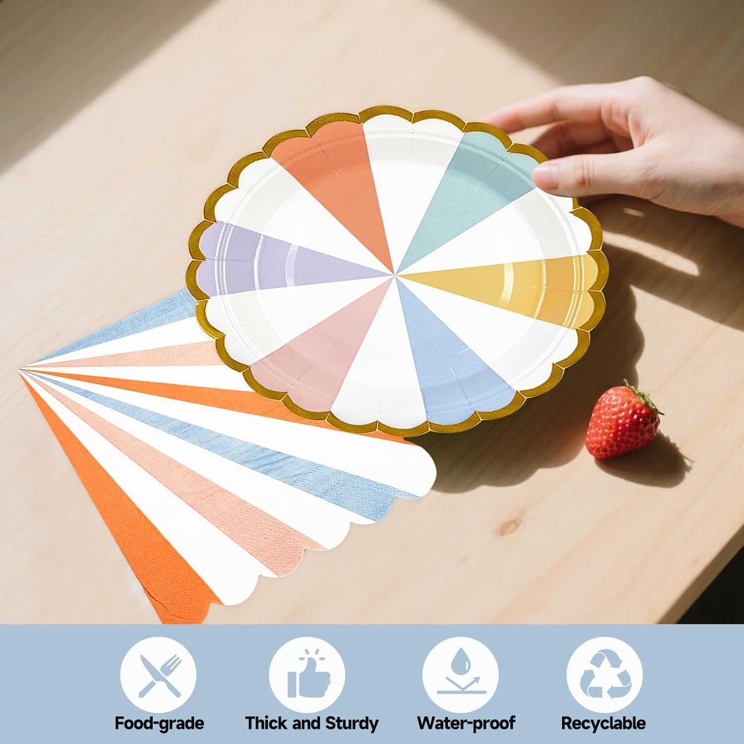 50PCS Colorful Striped Paper Plates and Napkins Party Supplies, 7 inch Disposable Gold Foil Scalloped Dessert Plate Pastel Party's Favors for Birthday Wedding Bachelorette Candy Party Decorations - Image 4