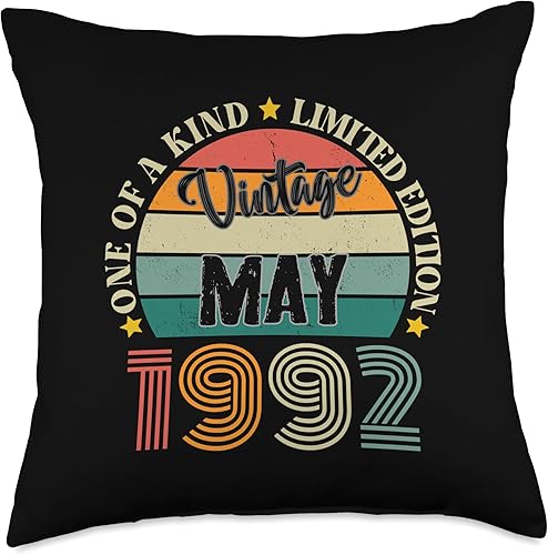 32 Year Old Vintage May 1992 32nd Birthday Retro Throw Pillow, 18x18, Multicolor