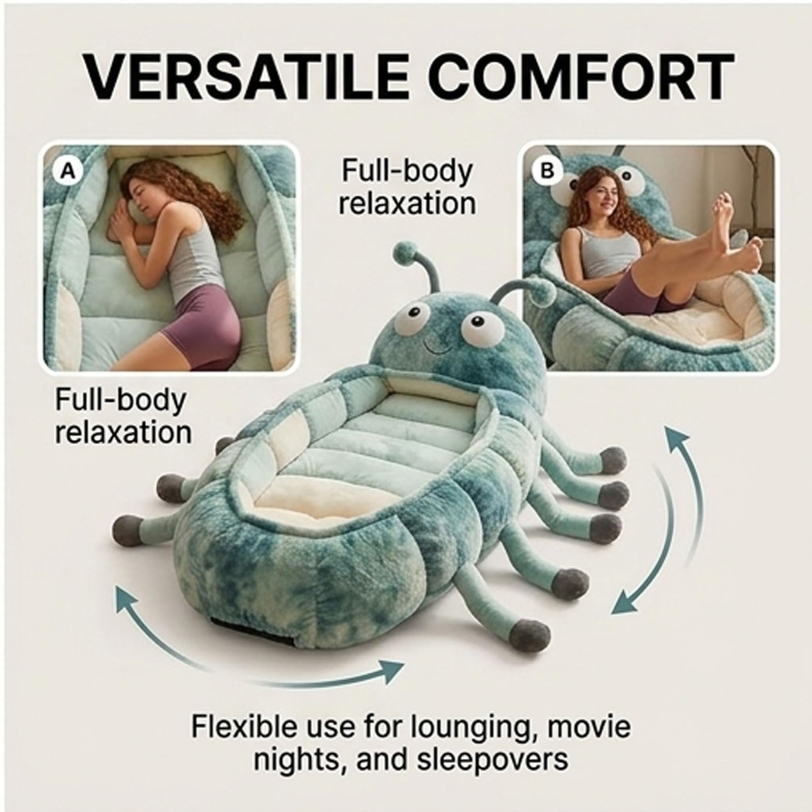 Hugging Caterpillar Sleeping Bag for Adults, Plush Cocoon Animal Sleeping Bags with Pull Cord, Giant Plush Floor Lounger, Indoor Sleep Nap Pod, Cozy Reading Nest, Travel & Indoor Use - 4