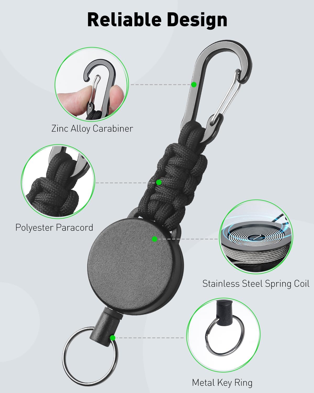 Uniclife 2 Pack Retractable Keychain, Retractable Key Holder, Heavy Duty Badge Reel for Keys and ID Card, Extendable Badge Holder Clip with Carabiner Paracord and Key Ring - Image 3