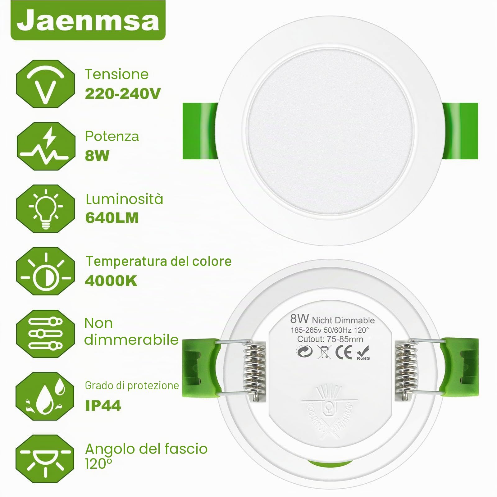 Faretti Led da Incasso per Cartongesso 230V, 8W Foro Φ 75-85mm, IP44, Non Dimmerabile, Faretti LED Soffitto, Bianco Neutro 4000K, Set di 6