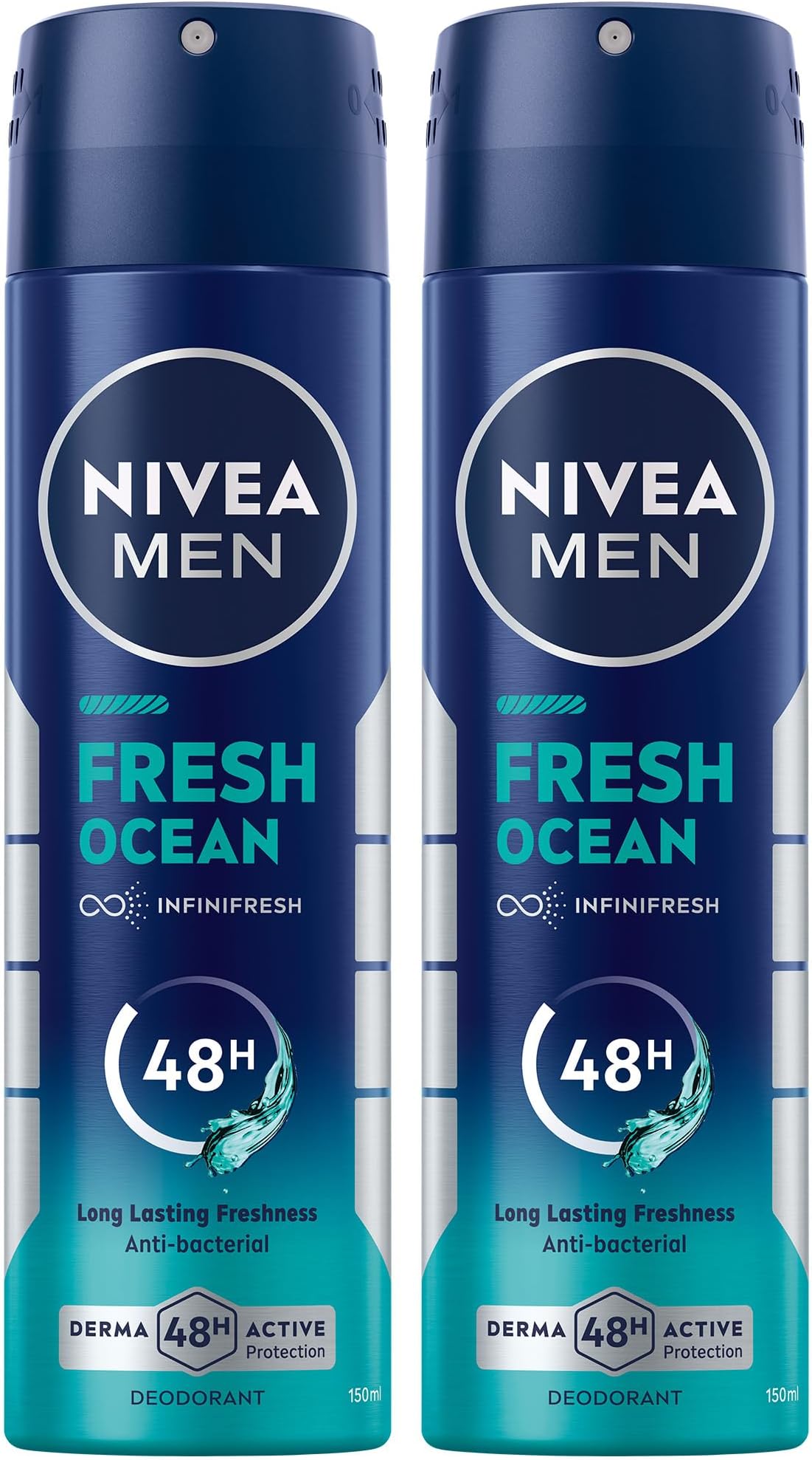 MEN Antibacterial Deodorant Spray for Men, Fresh Ocean, 48H Active Protection, with Infini Fresh Formula, Long-Lasting Freshness, 2x150ml, Dual Pack
