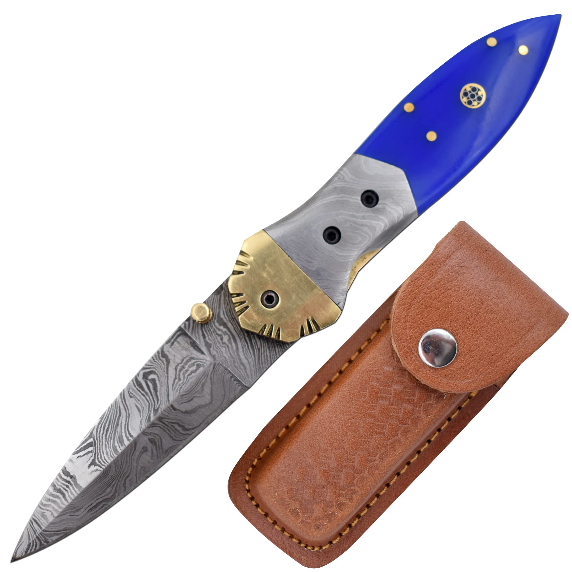 Wild Turkey Handmade Real Damascus Steel Manual Folding Pocket Knife Comes With Leather Sheath